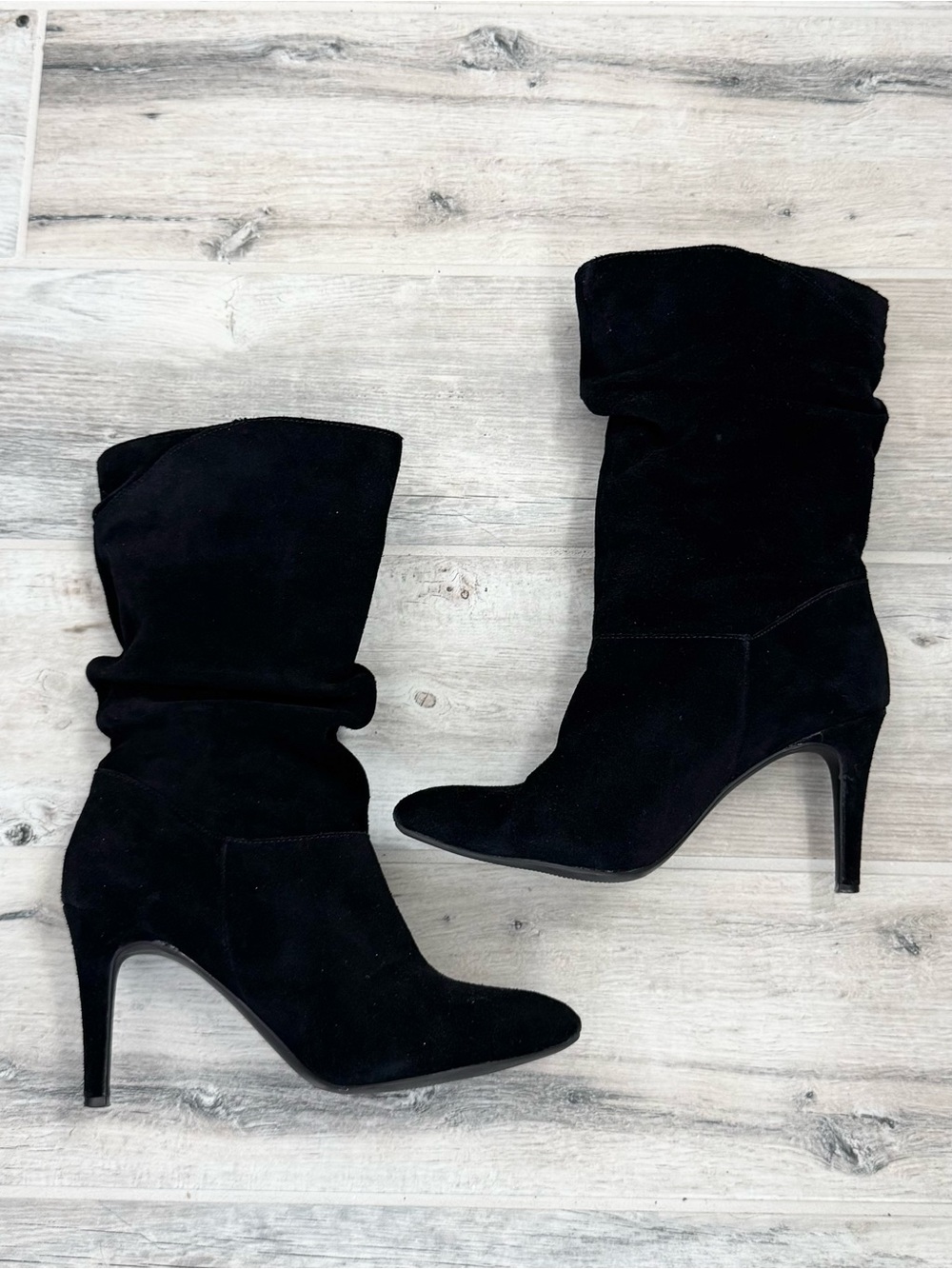 Audrey Brooke Angie Black Suede Mid Calf Slouch Heel Boots